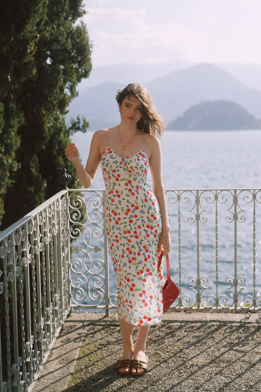 AZURIERA|Silk Cherry Print Slip Dress – Floral Summer Midi Dress AZURIERA|Silk Cherry Print Slip Dress – Floral Summer Midi Dress
