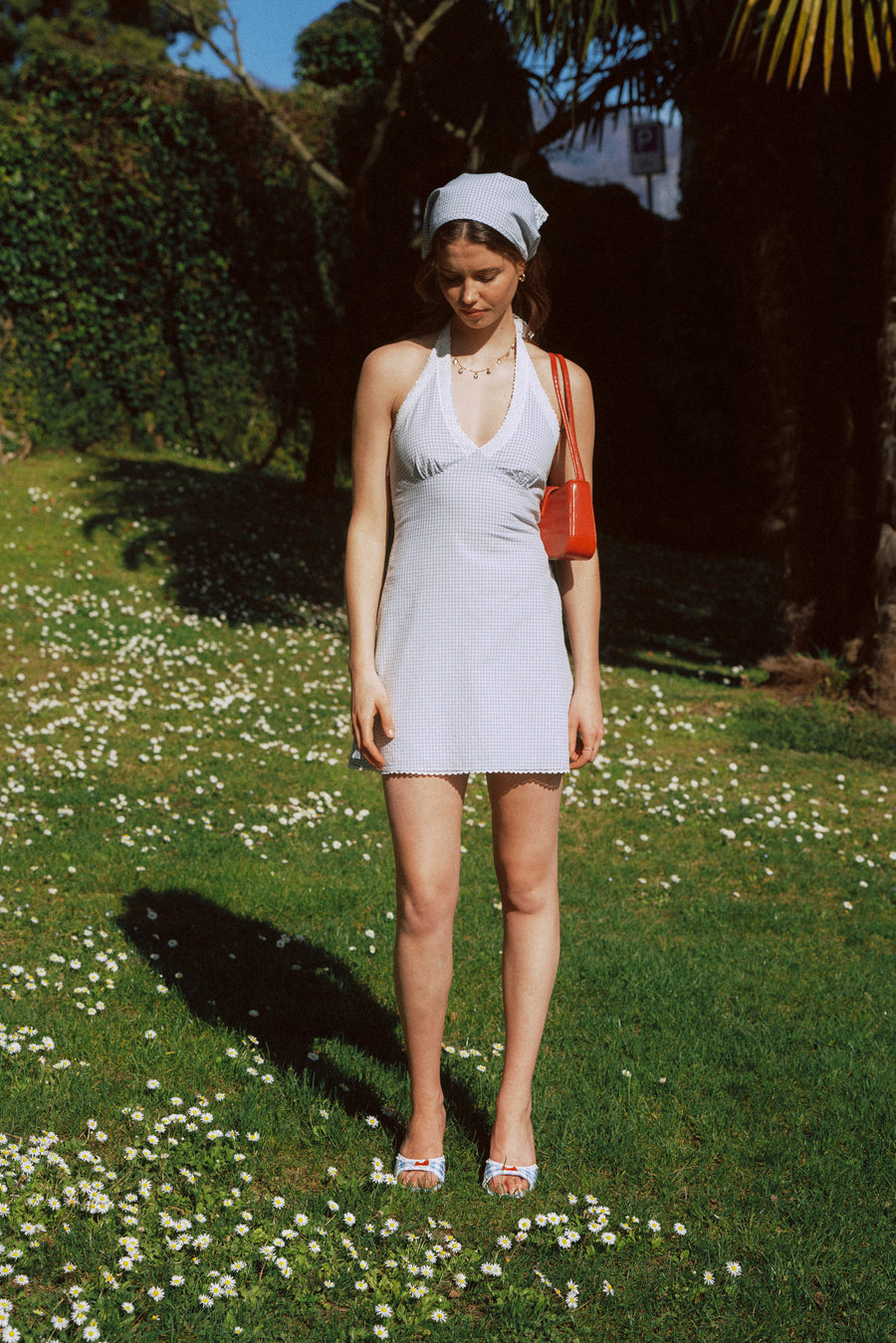 gingham halter dress AZURIERA|Gingham Halter Mini Dress – Vintage Lace Picnic Look