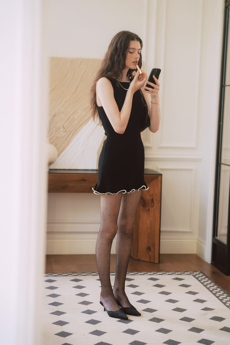 AZURIERA Carolyn Knit Black Mini Dress with Lace & Wave Hem