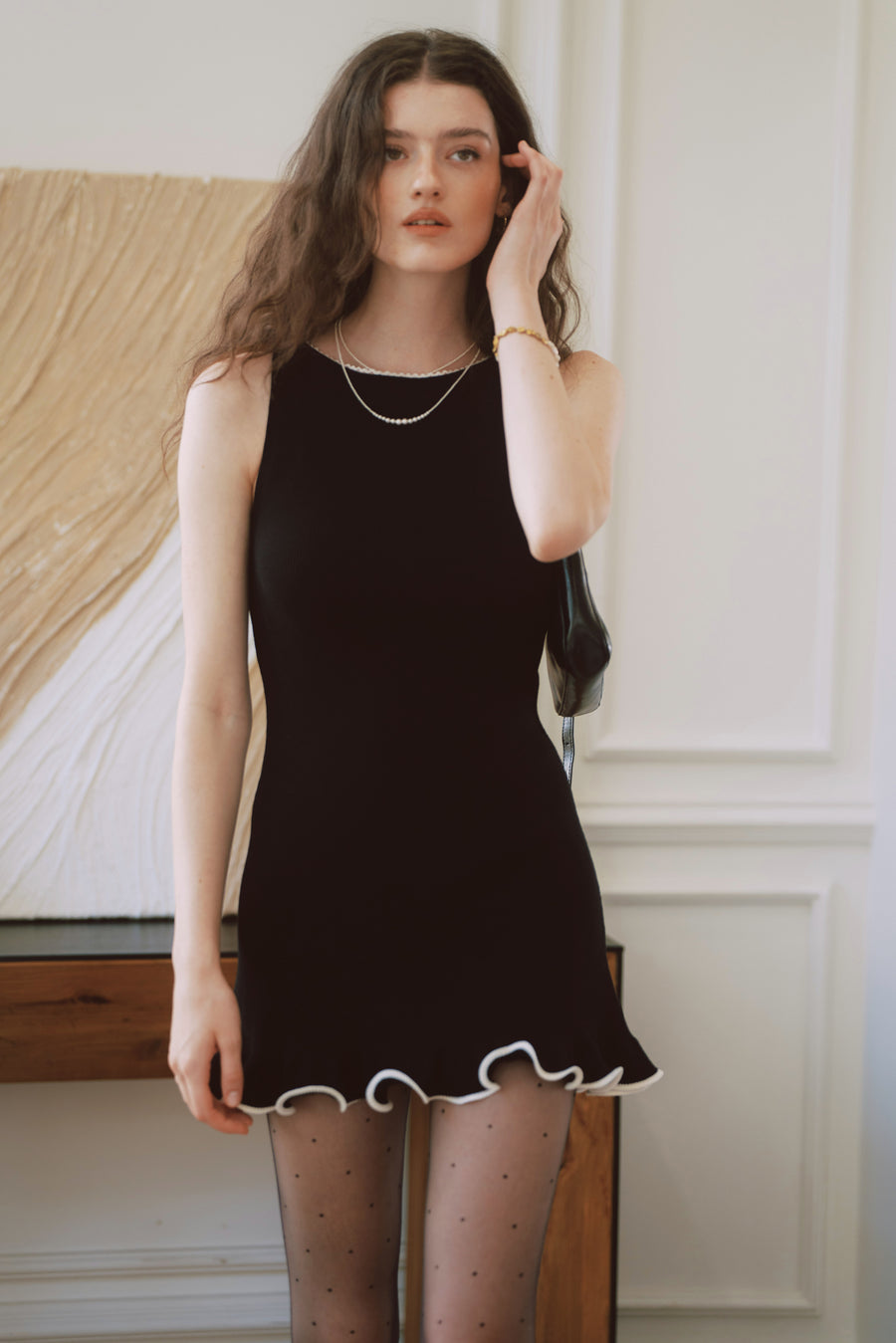 AZURIERA Carolyn Knit Black Mini Dress with Lace & Wave Hem