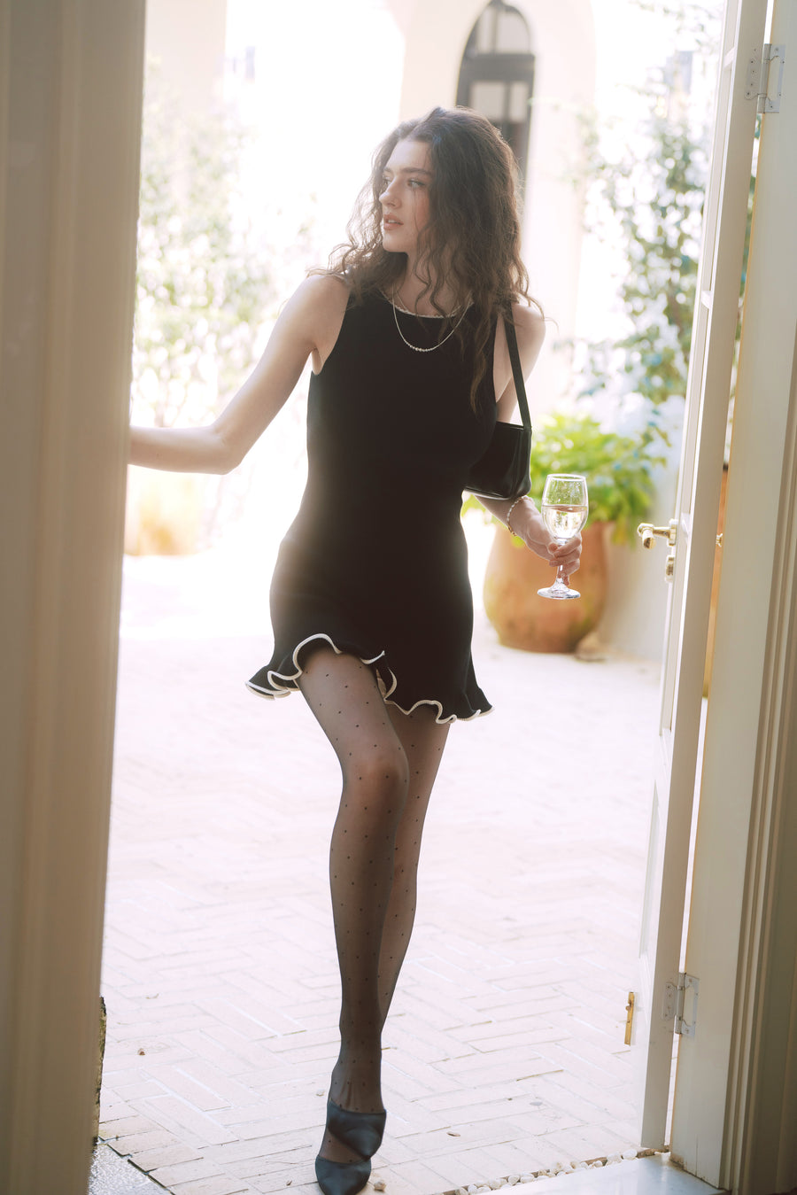 AZURIERA Carolyn Knit Black Mini Dress with Lace & Wave Hem