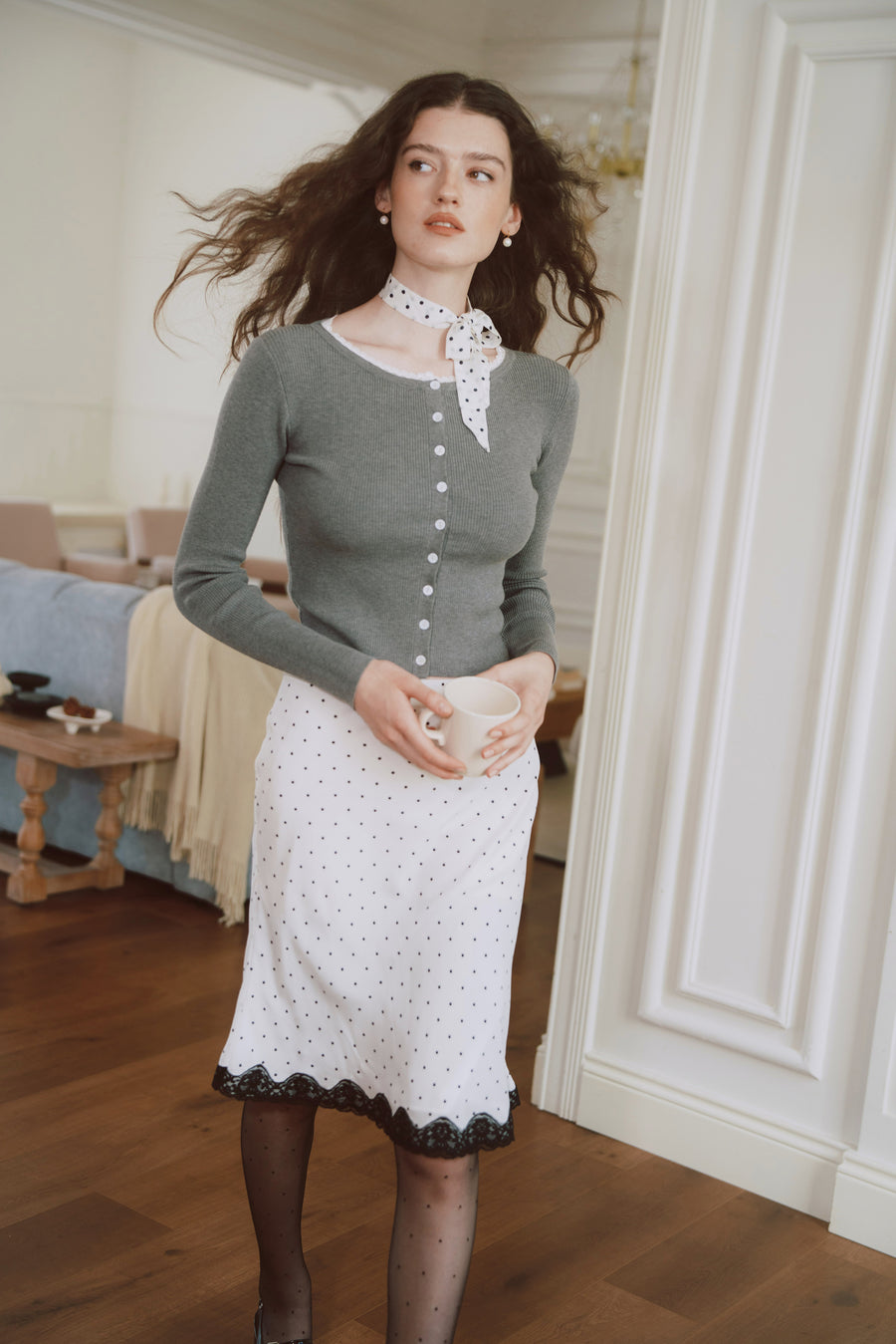 AZURIERA Fiona Knit Top – Ribbed Cardigan with Lace Trim