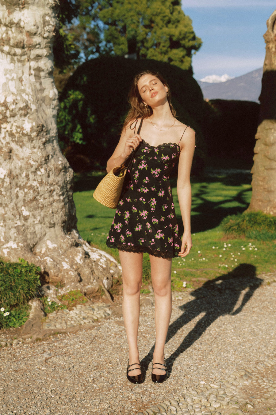 AZURIERA｜Black Silk Floral Lace Mini Dress