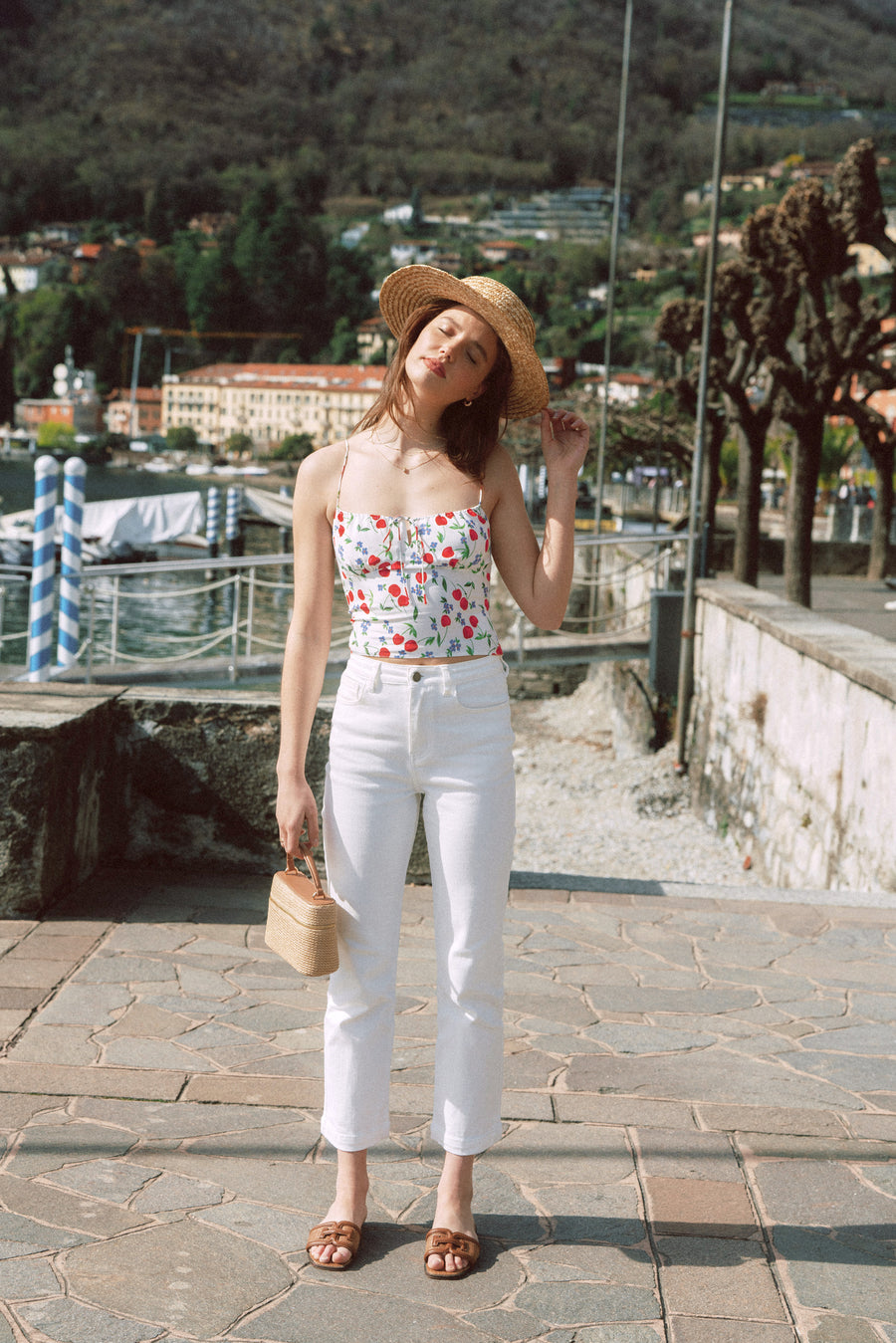 AZURIERA｜Charis Silk Cherry Print Bustier Top – Floral Smocked Cami