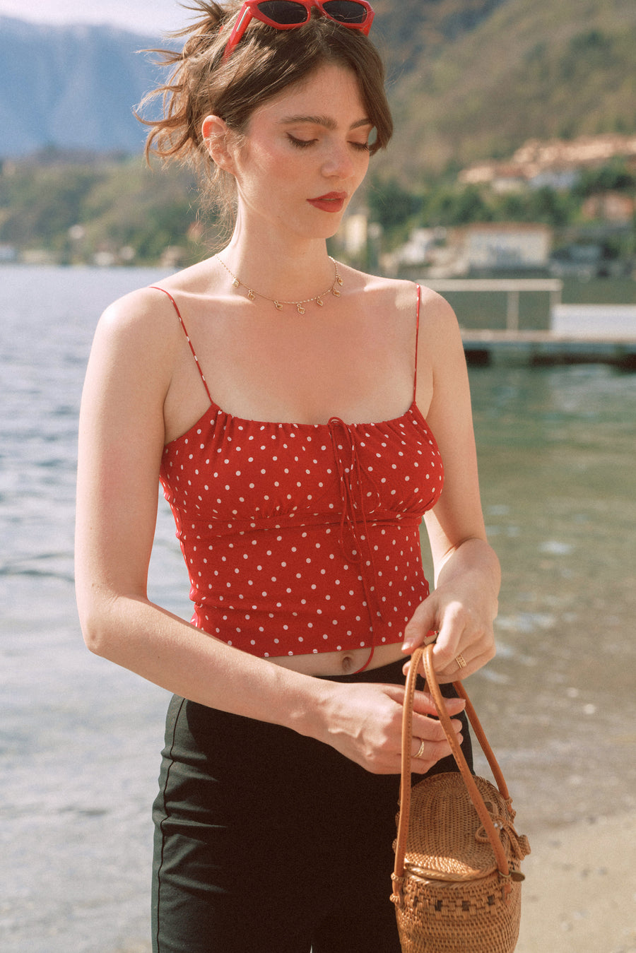 AZURIERA｜Charis Silk Red Polka Dot Crop Top