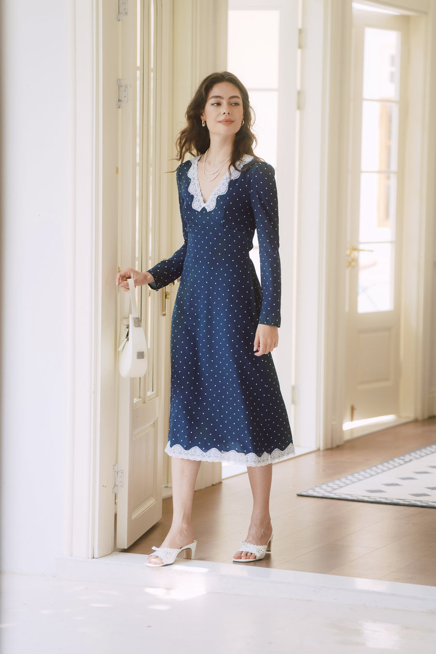 AZURIERA Naomi Silk Dress – Navy Polka Dot Lace Midi Silk Dress