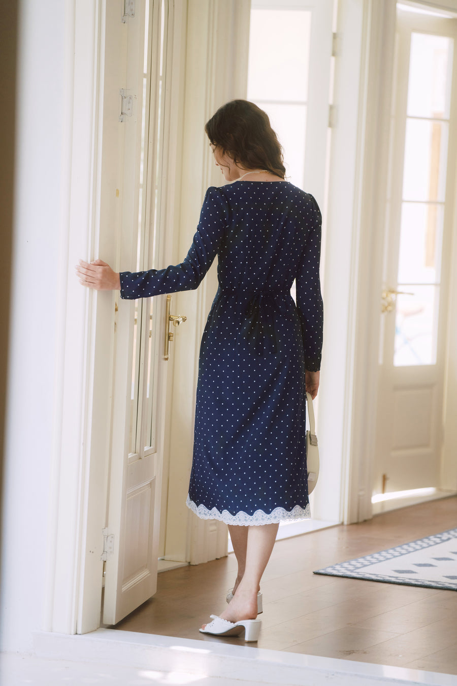 AZURIERA Naomi Silk Dress – Navy Polka Dot Lace Midi Silk Dress