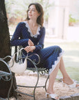 AZURIERA Naomi Silk Dress – Navy Polka Dot Lace Midi Silk Dress