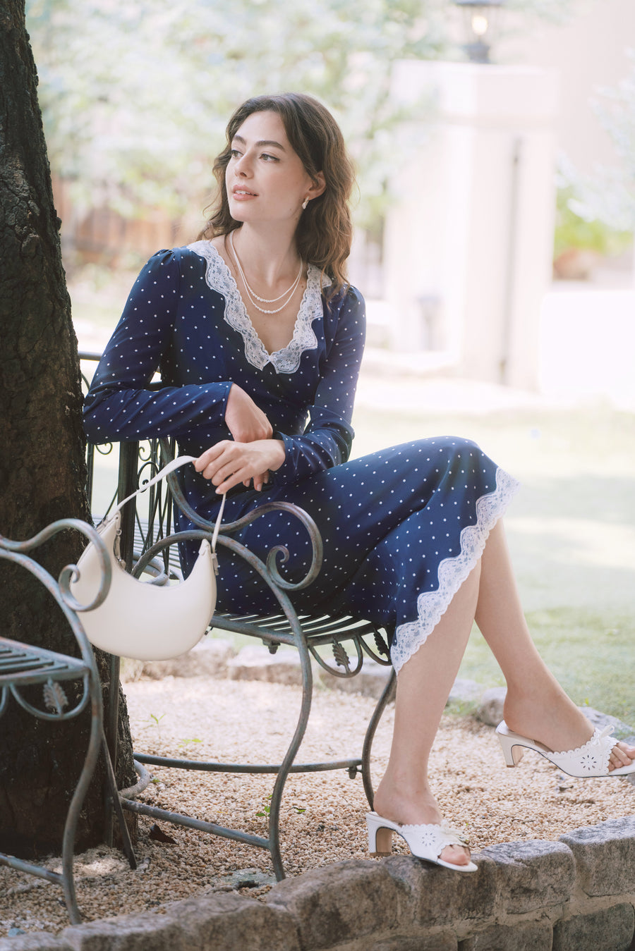 AZURIERA Naomi Silk Dress – Navy Polka Dot Lace Midi Silk Dress
