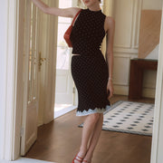 AZURIERA Marie Silk Dress – Polka Dot Midi Slip with Lace Hem