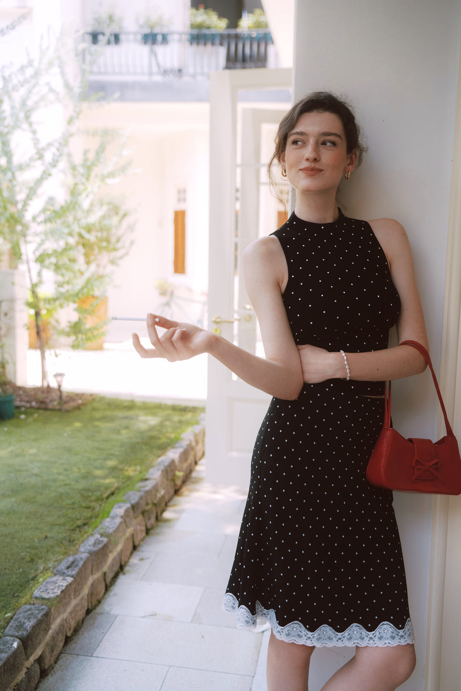 AZURIERA Marie Silk Dress – Polka Dot Midi Slip with Lace Hem