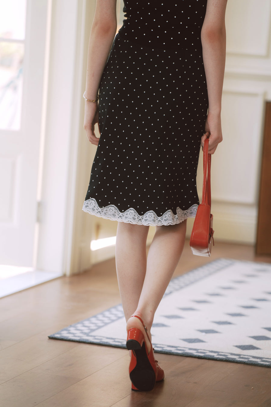 AZURIERA Marie Silk Dress – Polka Dot Midi Slip with Lace Hem