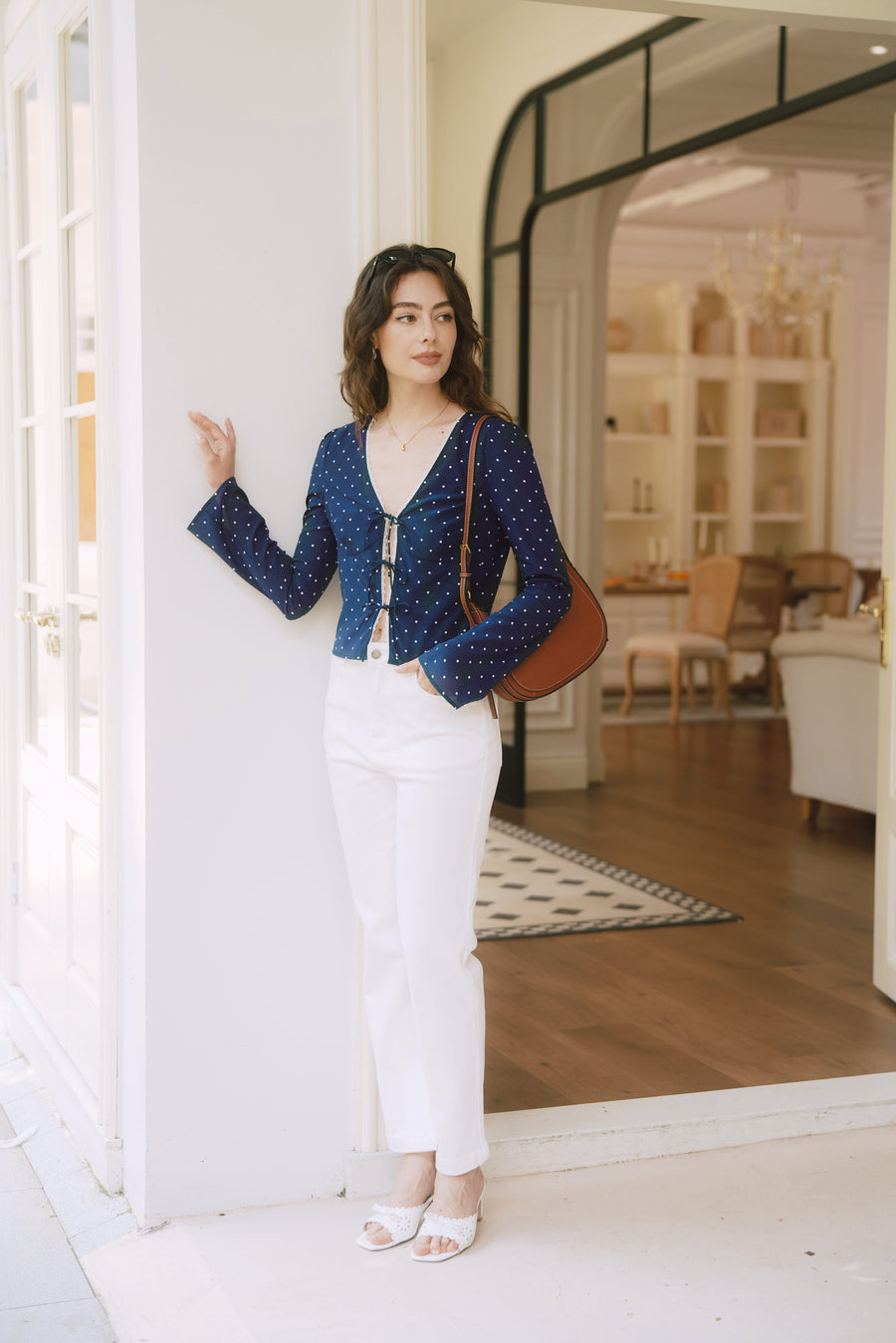 AZURIERA Delia Silk Top – Navy Polka Dot Long Sleeve Tie Blouse