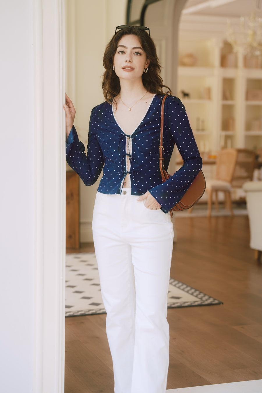 AZURIERA Delia Silk Top – Navy Polka Dot Long Sleeve Tie Blouse