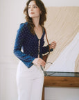 AZURIERA Delia Silk Top – Navy Polka Dot Long Sleeve Tie Blouse