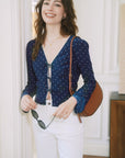 AZURIERA Delia Silk Top – Navy Polka Dot Long Sleeve Tie Blouse