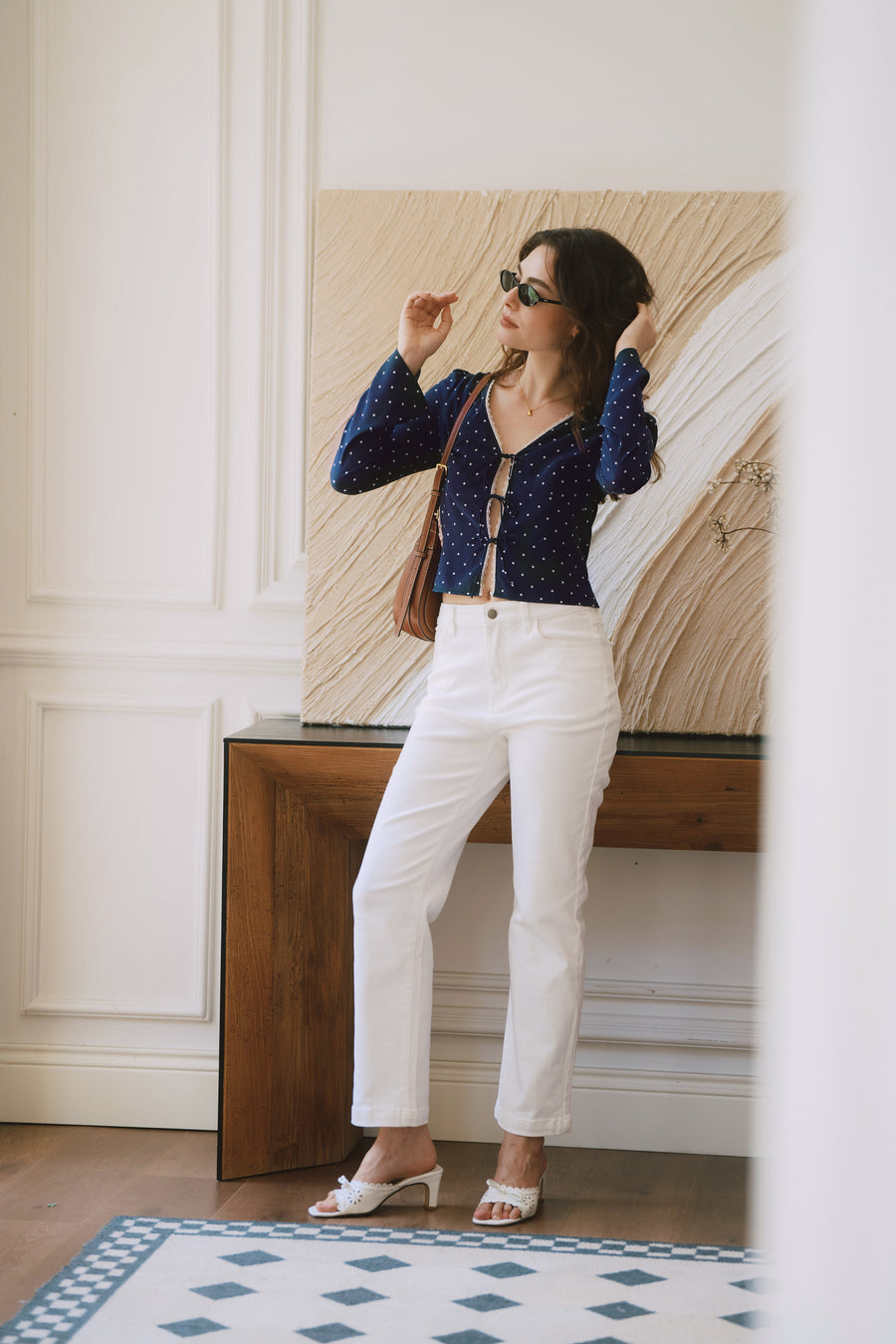 AZURIERA Delia Silk Top – Navy Polka Dot Long Sleeve Tie Blouse