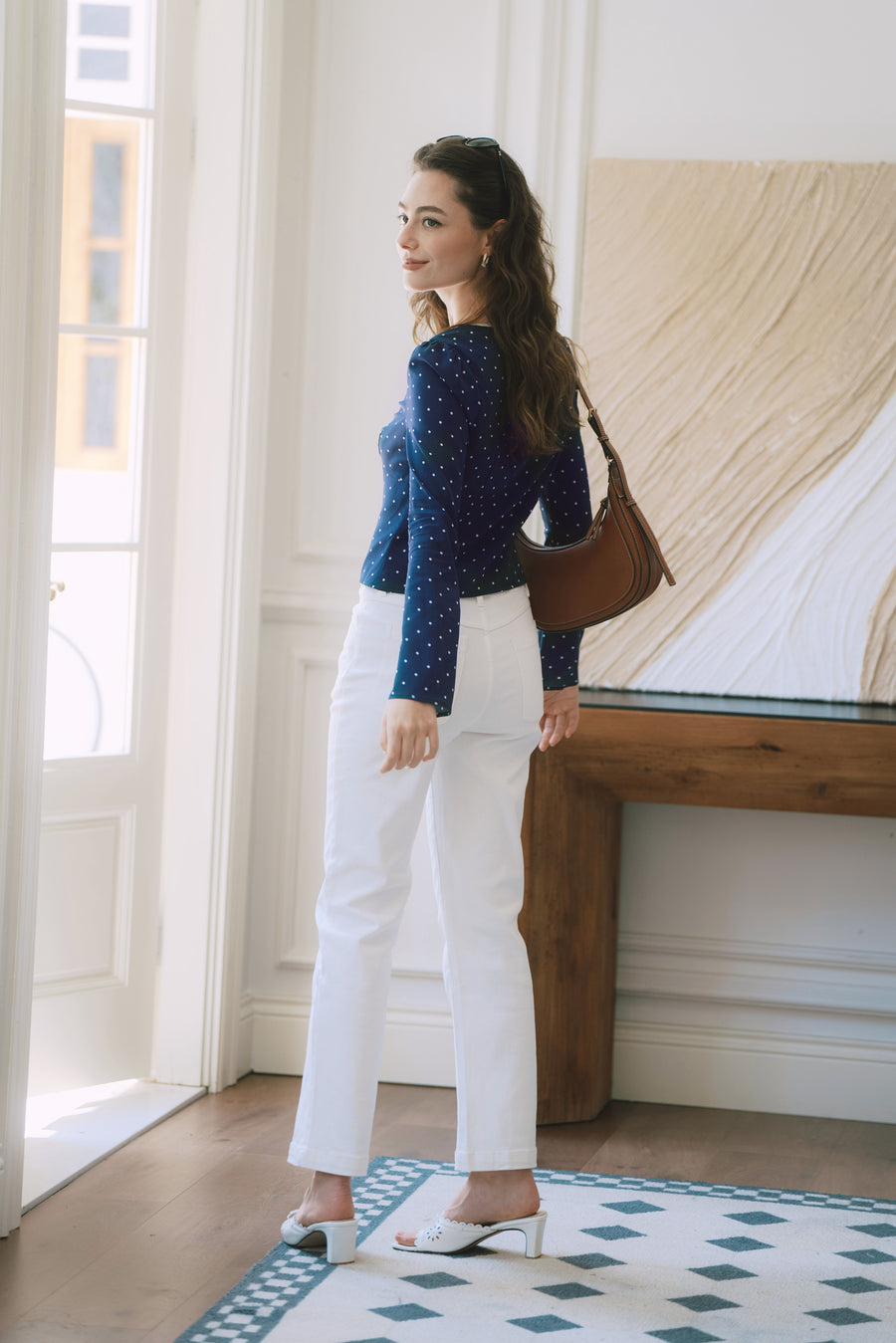 AZURIERA Delia Silk Top – Navy Polka Dot Long Sleeve Tie Blouse