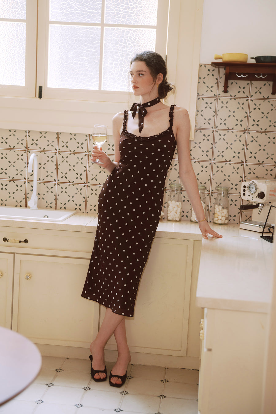 AZURIERA Floy Silk Polka Dot Slip Dress with Ruffle Trim