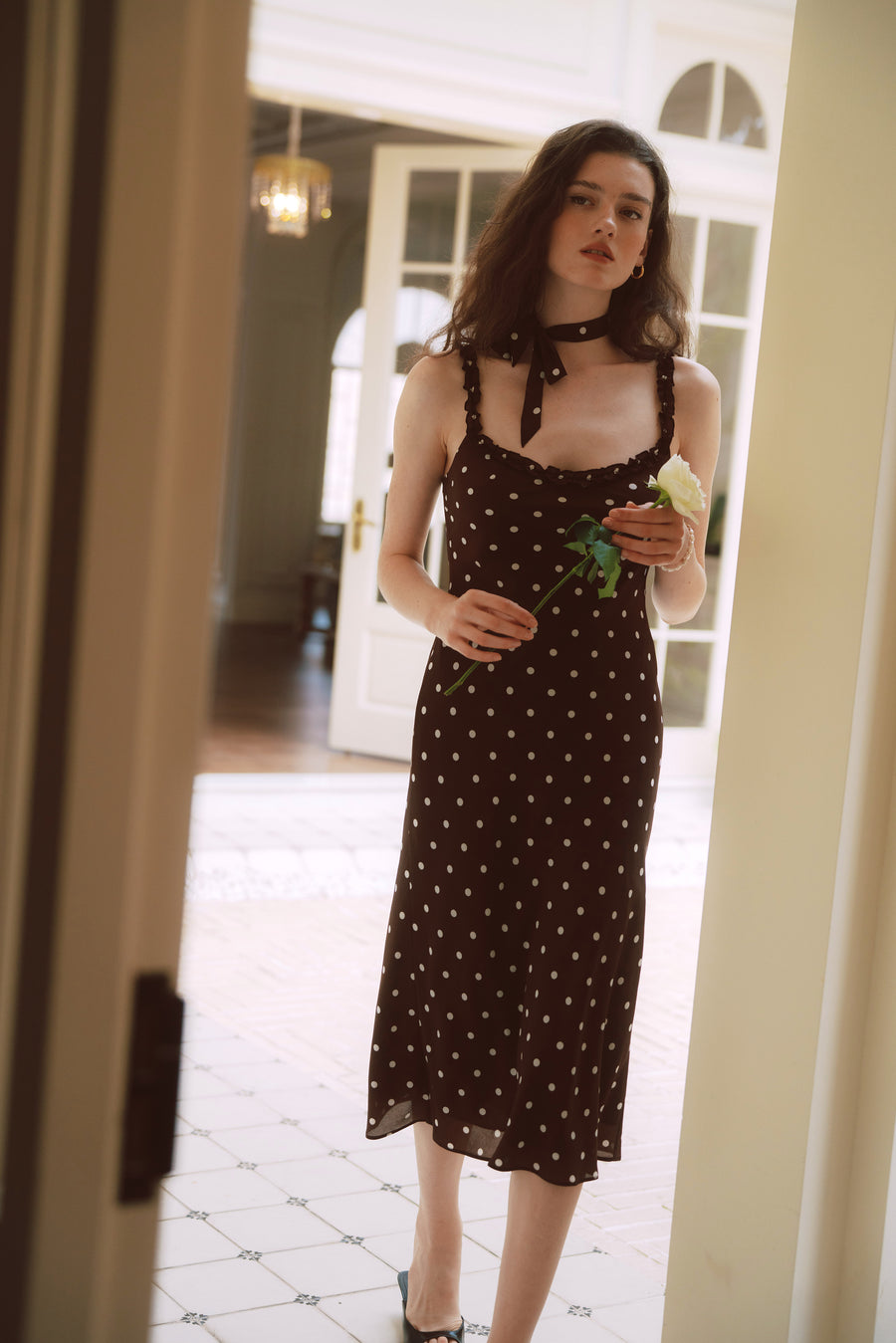 AZURIERA Floy Silk Polka Dot Slip Dress with Ruffle Trim