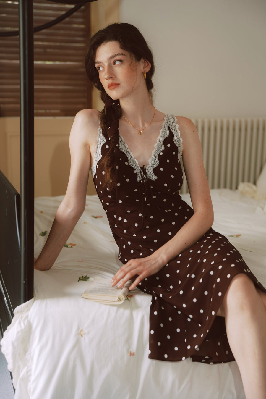 AZURIERA Marie Silk Polka Dot Slip Dress with Lace Trim