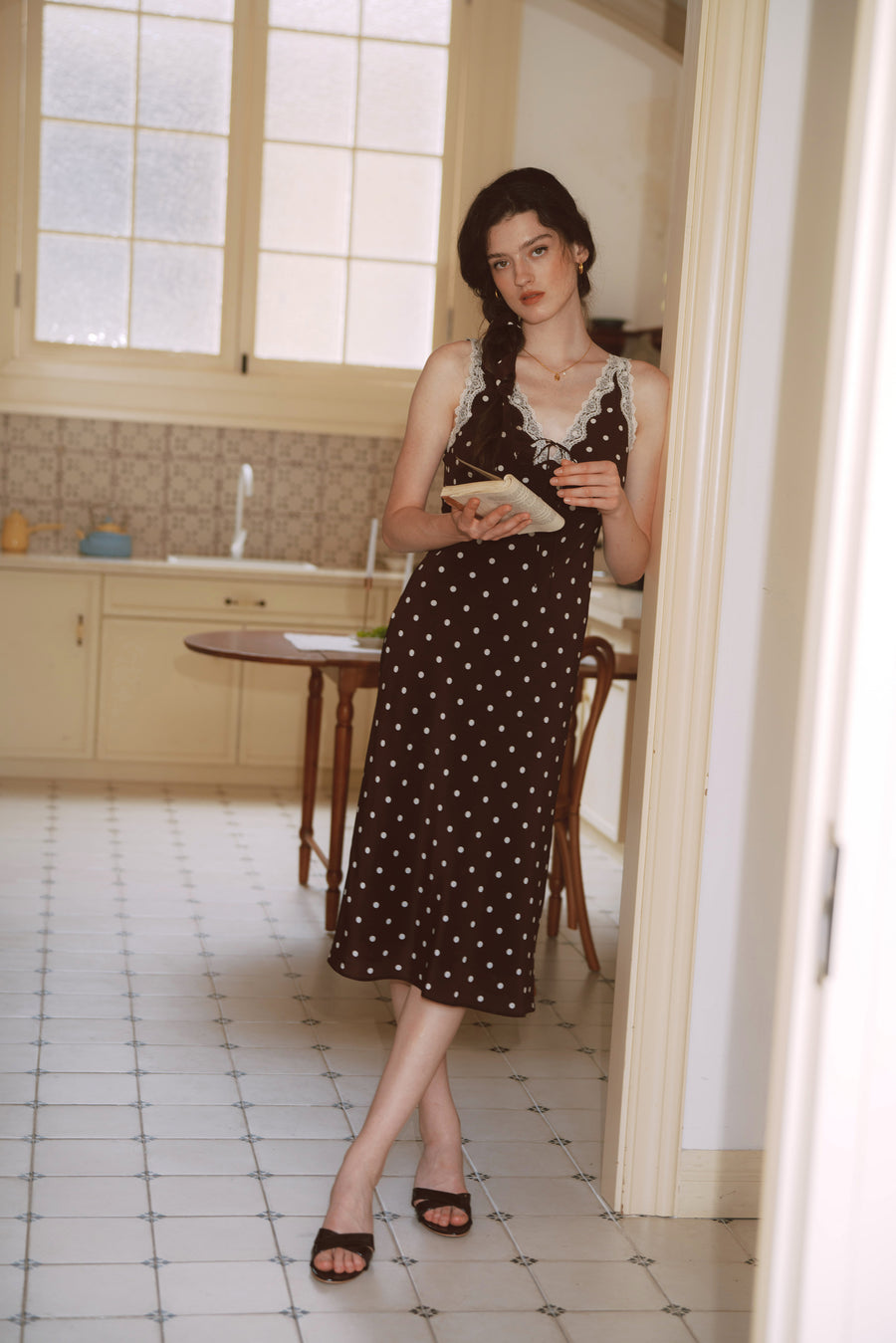 AZURIERA Marie Silk Polka Dot Slip Dress with Lace Trim