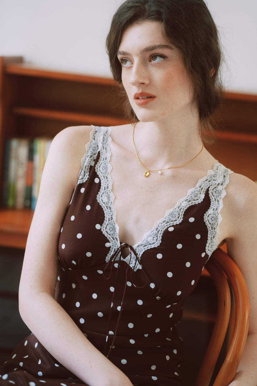 AZURIERA Marie Silk Polka Dot Slip Dress with Lace Trim