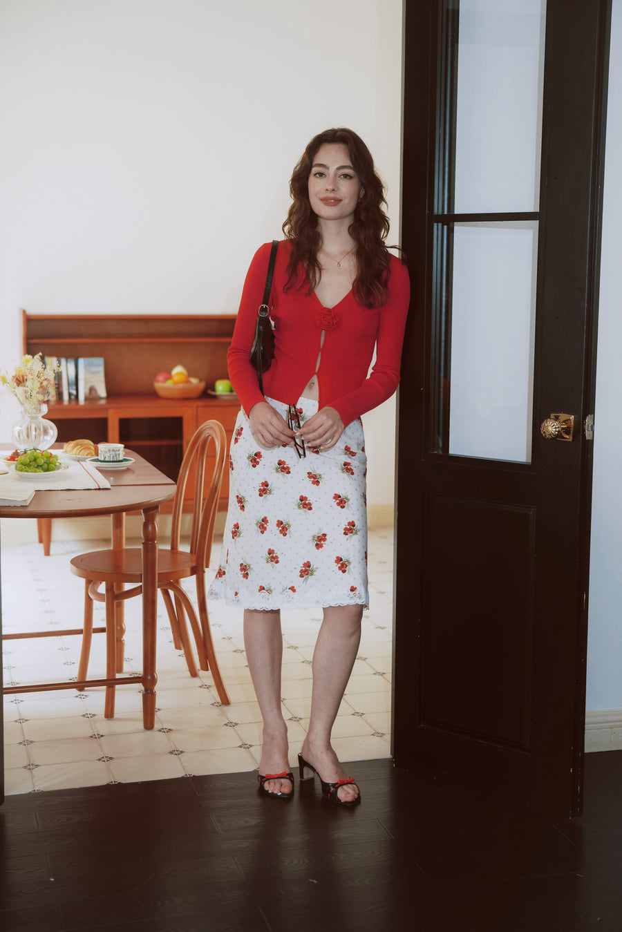 AZURIERA Roma Knit Top – Red V Neck Cardigan with Floral Detail