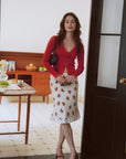 AZURIERA Roma Knit Top – Red V Neck Cardigan with Floral Detail