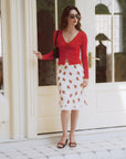 AZURIERA Roma Knit Top – Red V Neck Cardigan with Floral Detail