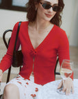 AZURIERA Roma Knit Top – Red V Neck Cardigan with Floral Detail