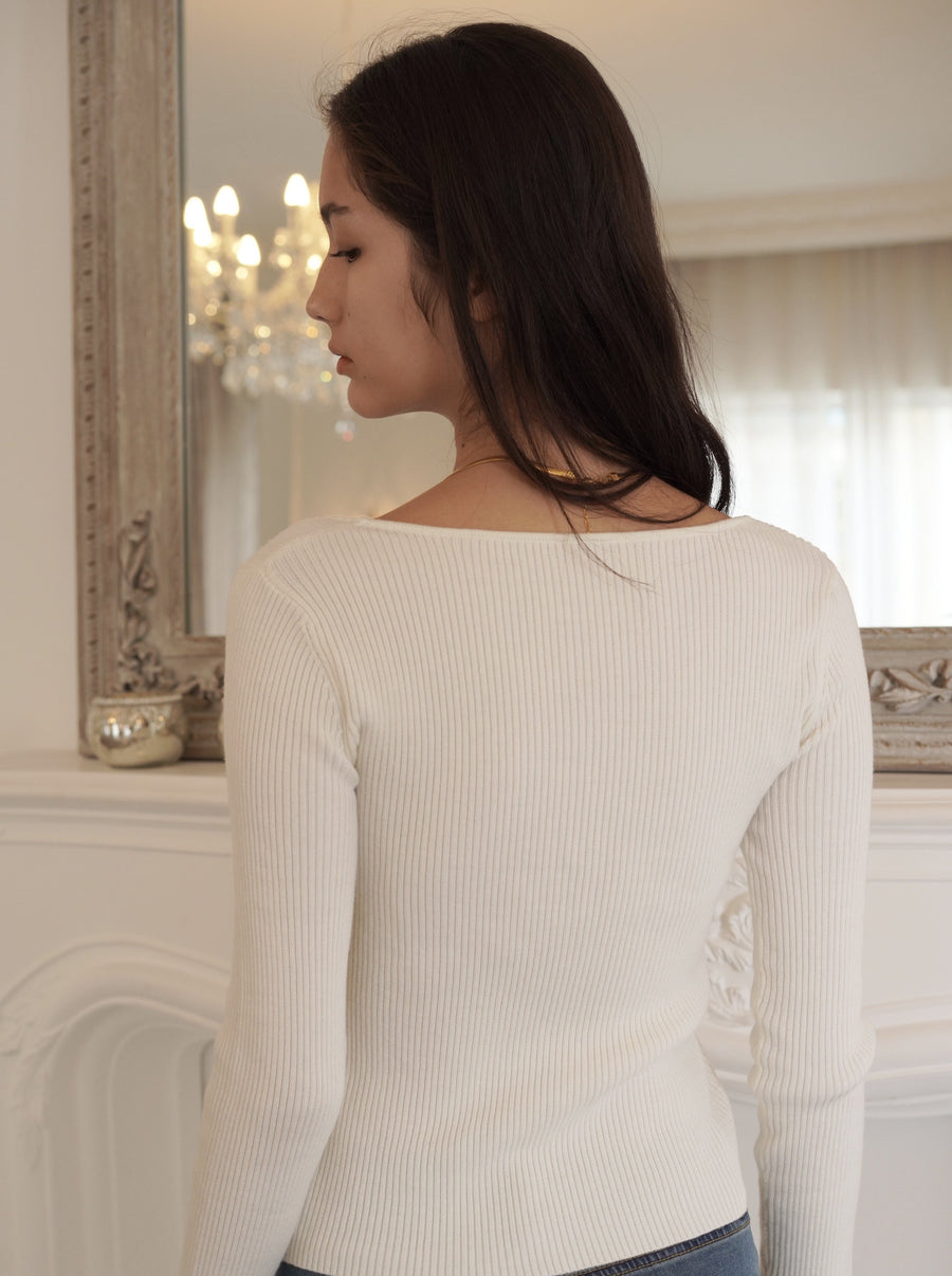 Women's Parisian Square Neckline White Sweater｜Azuriera