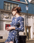 Gina Blue Feather Print Silk Dress｜Azuriera