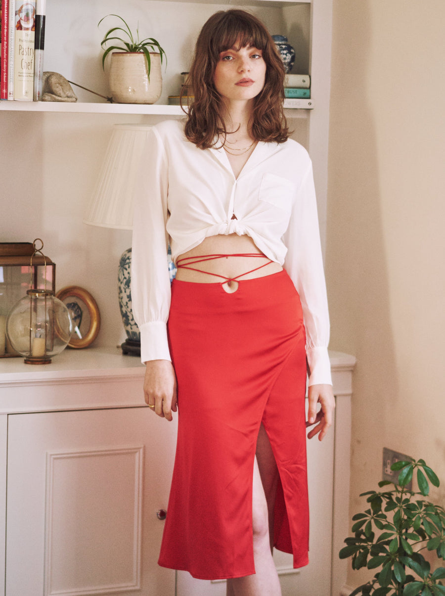 Women's Parisian Red Silk Satin Midi Skirt｜Azuriera