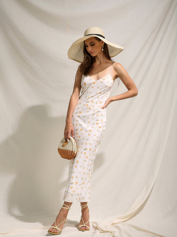 Camille White Floral Silk Summer Dress｜Azuriera