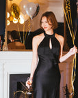 Women's Holiday Black Satin Dress｜AZURIERA